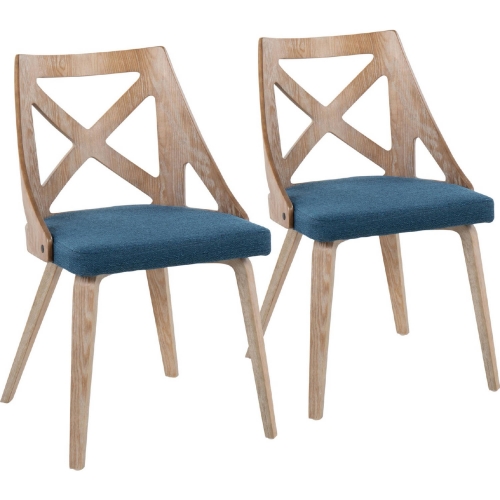 Charlotte Dining Chair in White Washed Wood & Blue Fabric (Set of 2)